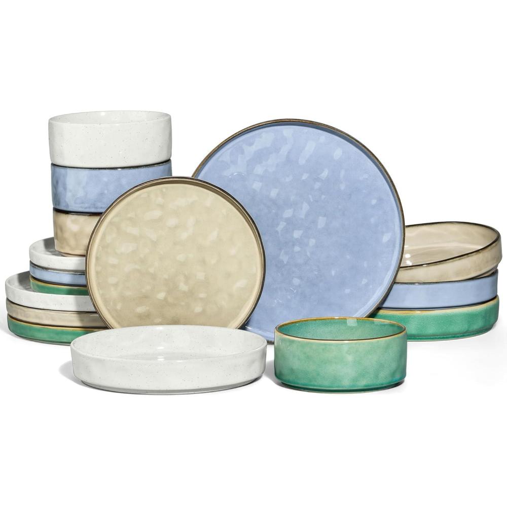 imageEfar 16Piece Plates and Bowls Sets with Pasta Bowls Stoneware Dinnerware Set for 4 Modern Ribbed Dishes Microwave amp Dishwasher Safe MulticolorMulticolor