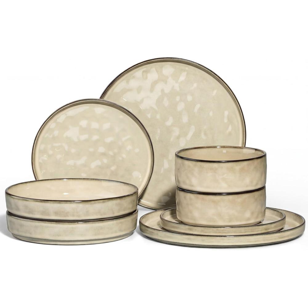 imageEfar 16Piece Plates and Bowls Sets with Pasta Bowls Stoneware Dinnerware Set for 4 Modern Ribbed Dishes Microwave amp Dishwasher Safe MulticolorSandy Khaki