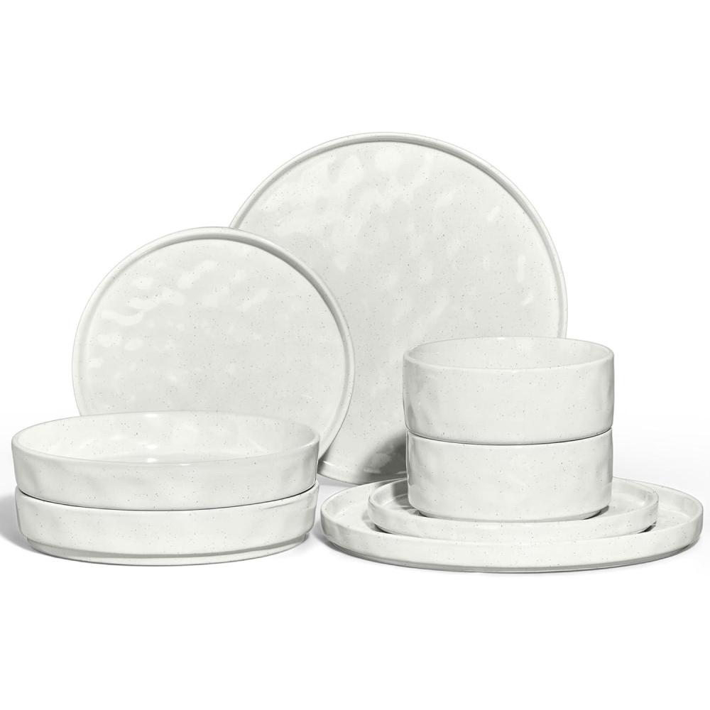 imageEfar 16Piece Plates and Bowls Sets with Pasta Bowls Stoneware Dinnerware Set for 4 Modern Ribbed Dishes Microwave amp Dishwasher Safe MulticolorSpeckled White