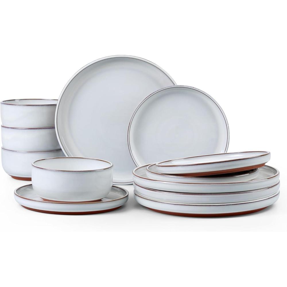 imageEfar 18Piece Stoneware Dinnerware Sets Plates and Bowls Sets for 6 Ceramic Dishware Dishes Set with Terracotta Base Chip amp Scratch Resistant Microwave amp Dishwasher Safe Speckled WhiteGlacier White