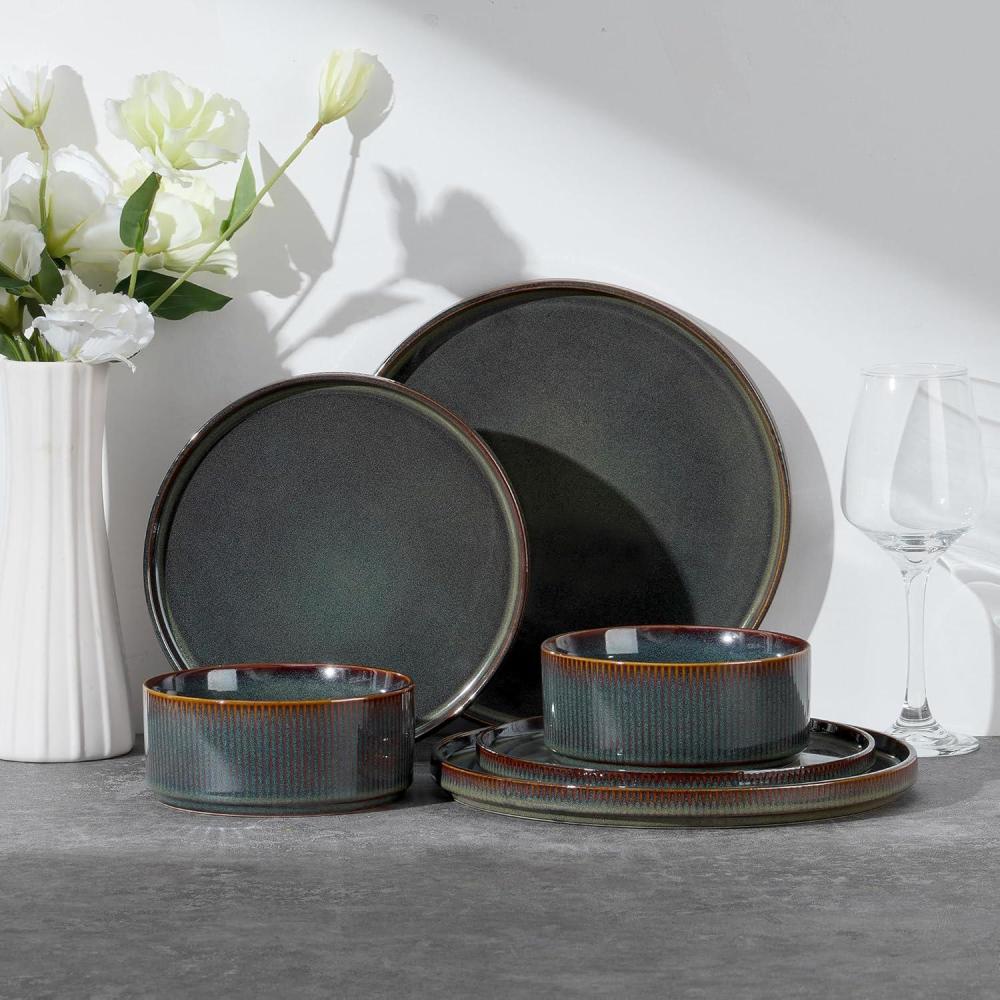 imageEfar Stoneware Dinnerware Sets for 2 6Piece Plates and Bowls Sets Chip amp Scratch Resistant Ribbed Dish Set for Home Restaurant Microwave amp Dishwasher Safe Dusty BlueBlackish Green
