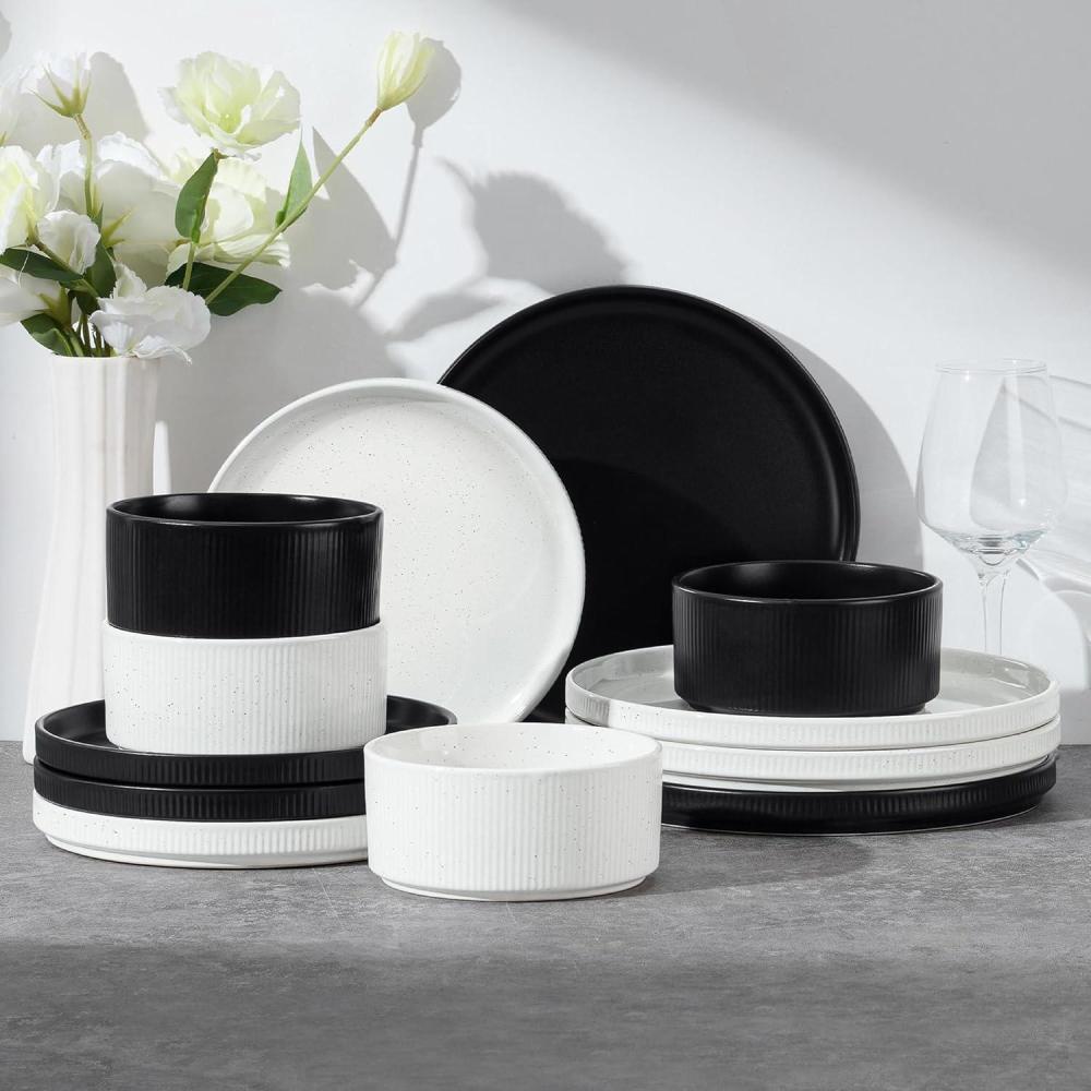 imageEfar Stoneware Dinnerware Sets for 2 6Piece Plates and Bowls Sets Chip amp Scratch Resistant Ribbed Dish Set for Home Restaurant Microwave amp Dishwasher Safe Midnight BlueSpeckled White Matte Black