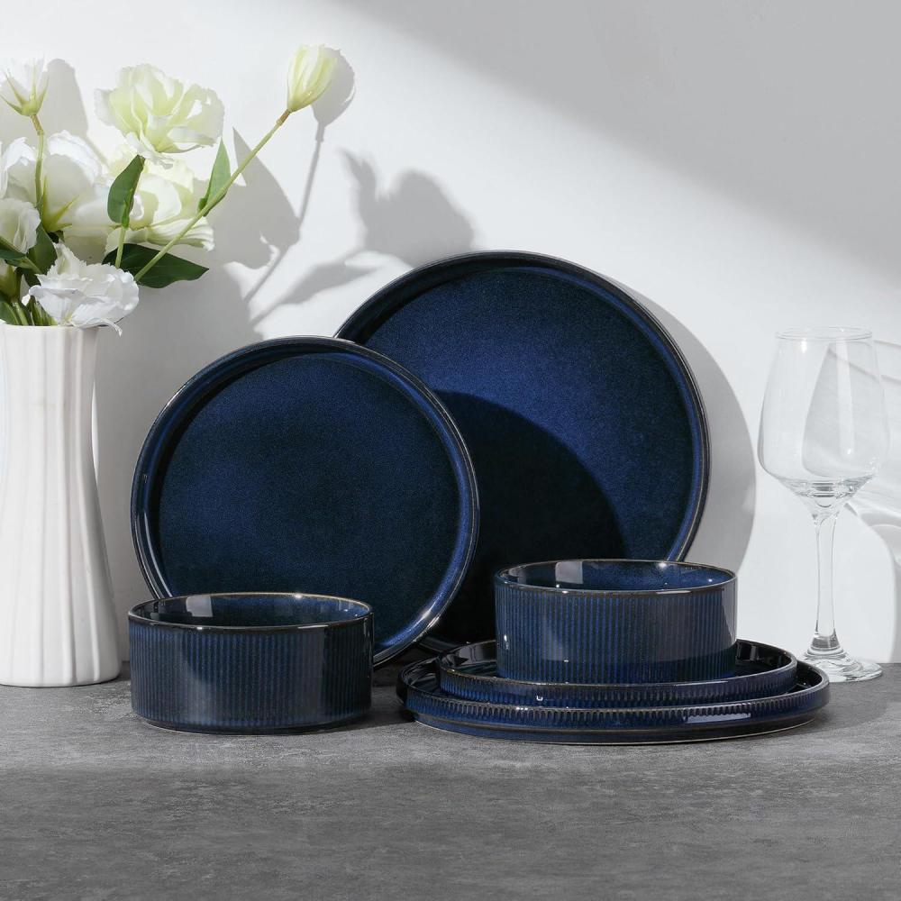 imageEfar Stoneware Dinnerware Sets for 2 6Piece Plates and Bowls Sets Chip amp Scratch Resistant Ribbed Dish Set for Home Restaurant Microwave amp Dishwasher Safe Dusty BlueMidnight Blue
