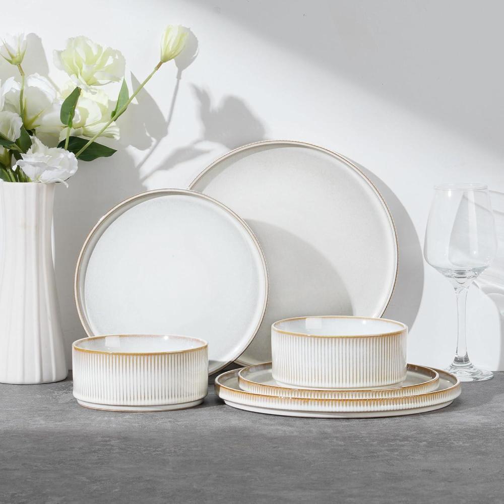 imageEfar Stoneware Dinnerware Sets for 2 6Piece Plates and Bowls Sets Chip amp Scratch Resistant Ribbed Dish Set for Home Restaurant Microwave amp Dishwasher Safe Midnight BlueCreamy Beige