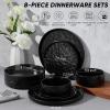 E-far 16-Piece Plates and Bowls Sets with Pasta Bowls – Stoneware Dinnerware Set for 4, Modern Ribbed Dishes, Microwave & Dishwasher Safe, Multicolor(Matte Black)