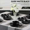 E-far 16-Piece Plates and Bowls Sets with Pasta Bowls – Stoneware Dinnerware Set for 4, Modern Ribbed Dishes, Microwave & Dishwasher Safe, Multicolor(Matte Black)