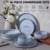 E-far 16-Piece Plates and Bowls Sets with Pasta Bowls – Stoneware Dinnerware Set for 4, Modern Ribbed Dishes, Microwave & Dishwasher Safe, Multicolor(Reactive Blue)