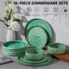 E-far 16-Piece Plates and Bowls Sets with Pasta Bowls – Stoneware Dinnerware Set for 4, Modern Ribbed Dishes, Microwave & Dishwasher Safe, Multicolor(Reactive Green)
