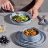 E-far 16-Piece Plates and Bowls Sets with Pasta Bowls – Stoneware Dinnerware Set for 4, Modern Ribbed Dishes, Microwave & Dishwasher Safe, Multicolor(Reactive Blue)