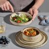 E-far 16-Piece Plates and Bowls Sets with Pasta Bowls – Stoneware Dinnerware Set for 4, Modern Ribbed Dishes, Microwave & Dishwasher Safe, Multicolor(Sandy Khaki)