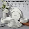 E-far 16-Piece Plates and Bowls Sets with Pasta Bowls – Stoneware Dinnerware Set for 4, Modern Ribbed Dishes, Microwave & Dishwasher Safe, Multicolor(Speckled White)