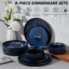 E-far 16-Piece Plates and Bowls Sets with Pasta Bowls – Stoneware Dinnerware Set for 4, Modern Ribbed Dishes, Microwave & Dishwasher Safe, Multicolor(Starry Blue)