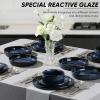 E-far 16-Piece Plates and Bowls Sets with Pasta Bowls – Stoneware Dinnerware Set for 4, Modern Ribbed Dishes, Microwave & Dishwasher Safe, Multicolor(Starry Blue)