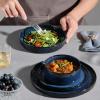 E-far 16-Piece Plates and Bowls Sets with Pasta Bowls – Stoneware Dinnerware Set for 4, Modern Ribbed Dishes, Microwave & Dishwasher Safe, Multicolor(Starry Blue)