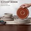 E-far 18-Piece Stoneware Dinnerware Sets, Plates and Bowls Sets for 6, Ceramic Dishware Dishes Set with Terracotta Base, Chip & Scratch Resistant, Microwave & Dishwasher Safe, Speckled White(Warm Taupe)