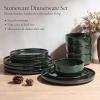 E-far 18-Piece Stoneware Dinnerware Sets, Plates and Bowls Sets for 6, Ceramic Dishware Dishes Set with Terracotta Base, Chip & Scratch Resistant, Microwave & Dishwasher Safe, Speckled White(Blackish Green)