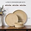 E-far Stoneware Dinnerware Sets for 2, 6-Piece Plates and Bowls Sets, Chip & Scratch Resistant Ribbed Dish Set for Home Restaurant, Microwave & Dishwasher Safe, Dusty Blue(Caramel Khaki)