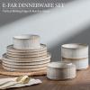 E-far Stoneware Dinnerware Sets for 2, 6-Piece Plates and Bowls Sets, Chip & Scratch Resistant Ribbed Dish Set for Home Restaurant, Microwave & Dishwasher Safe, Dusty Blue(Creamy Beige)