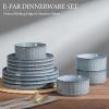 E-far Stoneware Dinnerware Sets for 2, 6-Piece Plates and Bowls Sets, Chip & Scratch Resistant Ribbed Dish Set for Home Restaurant, Microwave & Dishwasher Safe, Midnight Blue(Dusty Blue)