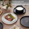 E-far Stoneware Dinnerware Sets for 2, 6-Piece Plates and Bowls Sets, Chip & Scratch Resistant Ribbed Dish Set for Home Restaurant, Microwave & Dishwasher Safe, Midnight Blue(Speckled White & Matte Black)