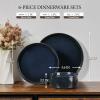 E-far Stoneware Dinnerware Sets for 2, 6-Piece Plates and Bowls Sets, Chip & Scratch Resistant Ribbed Dish Set for Home Restaurant, Microwave & Dishwasher Safe, Dusty Blue(Midnight Blue)