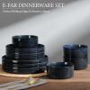 E-far Stoneware Dinnerware Sets for 2, 6-Piece Plates and Bowls Sets, Chip & Scratch Resistant Ribbed Dish Set for Home Restaurant, Microwave & Dishwasher Safe, Dusty Blue(Midnight Blue)