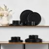 E-far Stoneware Dinnerware Sets for 2, 6-Piece Plates and Bowls Sets, Chip & Scratch Resistant Ribbed Dish Set for Home Restaurant, Microwave & Dishwasher Safe, Dusty Blue(Matte Black)