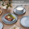 E-far Stoneware Dinnerware Sets for 2, 6-Piece Plates and Bowls Sets, Chip & Scratch Resistant Ribbed Dish Set for Home Restaurant, Microwave & Dishwasher Safe, Midnight Blue(Dusty Blue)