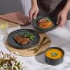 E-far Stoneware Dinnerware Sets for 2, 6-Piece Plates and Bowls Sets, Chip & Scratch Resistant Ribbed Dish Set for Home Restaurant, Microwave & Dishwasher Safe, Midnight Blue(Blackish Green)