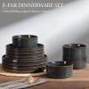 E-far Stoneware Dinnerware Sets for 2, 6-Piece Plates and Bowls Sets, Chip & Scratch Resistant Ribbed Dish Set for Home Restaurant, Microwave & Dishwasher Safe, Midnight Blue(Blackish Green)