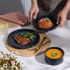 E-far Stoneware Dinnerware Sets for 2, 6-Piece Plates and Bowls Sets, Chip & Scratch Resistant Ribbed Dish Set for Home Restaurant, Microwave & Dishwasher Safe, Dusty Blue(Midnight Blue)