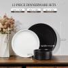 E-far Stoneware Dinnerware Sets for 2, 6-Piece Plates and Bowls Sets, Chip & Scratch Resistant Ribbed Dish Set for Home Restaurant, Microwave & Dishwasher Safe, Midnight Blue(Speckled White & Matte Black)