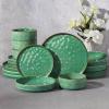 E-far 16-Piece Plates and Bowls Sets with Pasta Bowls – Stoneware Dinnerware Set for 4, Modern Ribbed Dishes, Microwave & Dishwasher Safe, Multicolor(Reactive Green)