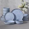 E-far 16-Piece Plates and Bowls Sets with Pasta Bowls – Stoneware Dinnerware Set for 4, Modern Ribbed Dishes, Microwave & Dishwasher Safe, Multicolor(Reactive Blue)