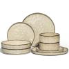 E-far 16-Piece Plates and Bowls Sets with Pasta Bowls – Stoneware Dinnerware Set for 4, Modern Ribbed Dishes, Microwave & Dishwasher Safe, Multicolor(Sandy Khaki)