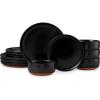 E-far 18-Piece Stoneware Dinnerware Sets, Plates and Bowls Sets for 6, Ceramic Dishware Dishes Set with Terracotta Base, Chip & Scratch Resistant, Microwave & Dishwasher Safe, Speckled White(Matte Black)