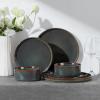 E-far Stoneware Dinnerware Sets for 2, 6-Piece Plates and Bowls Sets, Chip & Scratch Resistant Ribbed Dish Set for Home Restaurant, Microwave & Dishwasher Safe, Dusty Blue(Blackish Green)