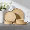 E-far Stoneware Dinnerware Sets for 2, 6-Piece Plates and Bowls Sets, Chip & Scratch Resistant Ribbed Dish Set for Home Restaurant, Microwave & Dishwasher Safe, Midnight Blue(Caramel Khaki)