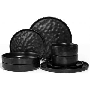 E-far 16-Piece Plates and Bowls Sets with Pasta Bowls – Stoneware Dinnerware Set for 4, Modern Ribbed Dishes, Microwave & Dishwasher Safe, Multicolor(Matte Black)
