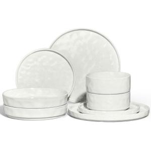 E-far 16-Piece Plates and Bowls Sets with Pasta Bowls – Stoneware Dinnerware Set for 4, Modern Ribbed Dishes, Microwave & Dishwasher Safe, Multicolor(Speckled White)