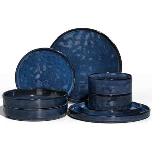 E-far 16-Piece Plates and Bowls Sets with Pasta Bowls – Stoneware Dinnerware Set for 4, Modern Ribbed Dishes, Microwave & Dishwasher Safe, Multicolor(Starry Blue)