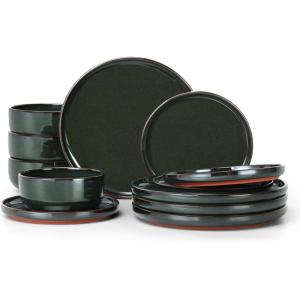 E-far 18-Piece Stoneware Dinnerware Sets, Plates and Bowls Sets for 6, Ceramic Dishware Dishes Set with Terracotta Base, Chip & Scratch Resistant, Microwave & Dishwasher Safe, Speckled White(Blackish Green)