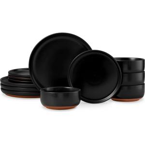 E-far 18-Piece Stoneware Dinnerware Sets, Plates and Bowls Sets for 6, Ceramic Dishware Dishes Set with Terracotta Base, Chip & Scratch Resistant, Microwave & Dishwasher Safe, Speckled White(Matte Black)