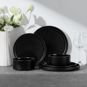 E-far Stoneware Dinnerware Sets for 2, 6-Piece Plates and Bowls Sets, Chip & Scratch Resistant Ribbed Dish Set for Home Restaurant, Microwave & Dishwasher Safe, Dusty Blue(Matte Black)