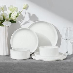 E-far Stoneware Dinnerware Sets for 2, 6-Piece Plates and Bowls Sets, Chip & Scratch Resistant Ribbed Dish Set for Home Restaurant, Microwave & Dishwasher Safe, Midnight Blue(Speckled White)