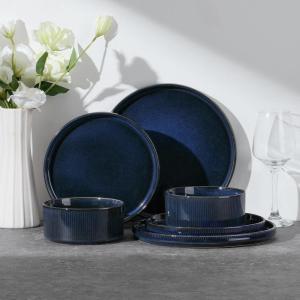 E-far Stoneware Dinnerware Sets for 2, 6-Piece Plates and Bowls Sets, Chip & Scratch Resistant Ribbed Dish Set for Home Restaurant, Microwave & Dishwasher Safe, Dusty Blue(Midnight Blue)