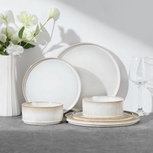 E-far Stoneware Dinnerware Sets for 2, 6-Piece Plates and Bowls Sets, Chip & Scratch Resistant Ribbed Dish Set for Home Restaurant, Microwave & Dishwasher Safe, Midnight Blue(Creamy Beige)