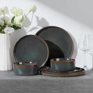E-far Stoneware Dinnerware Sets for 2, 6-Piece Plates and Bowls Sets, Chip & Scratch Resistant Ribbed Dish Set for Home Restaurant, Microwave & Dishwasher Safe, Midnight Blue(Blackish Green)