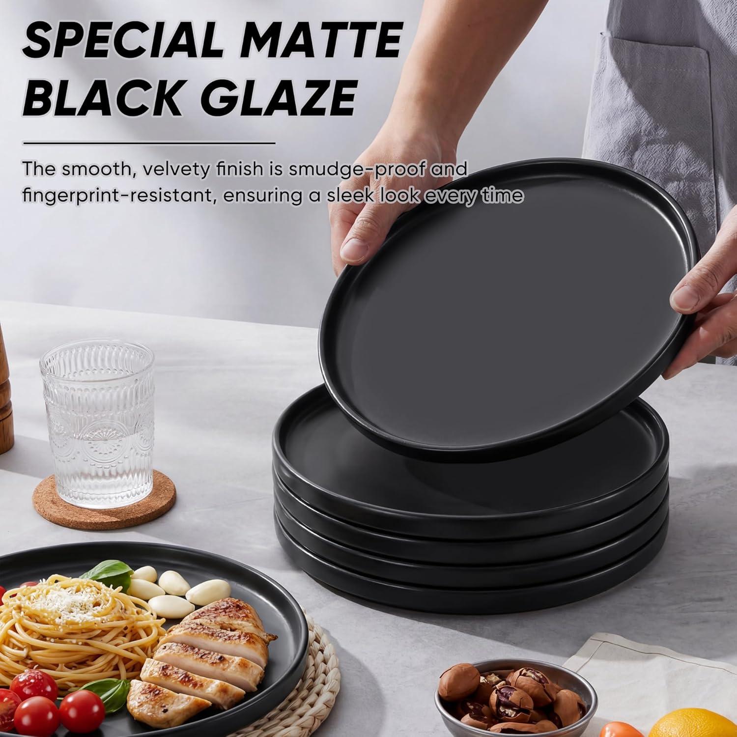 imageEfar 79 Inch Ceramic Dinner Plates 6Piece Stoneware Salad Plates with Raised Edges Chip amp Scratch Resistant Microwave amp Dishwasher Safe Dessert Dishes for Appetizer Salad Speckled KhakiMatte Black