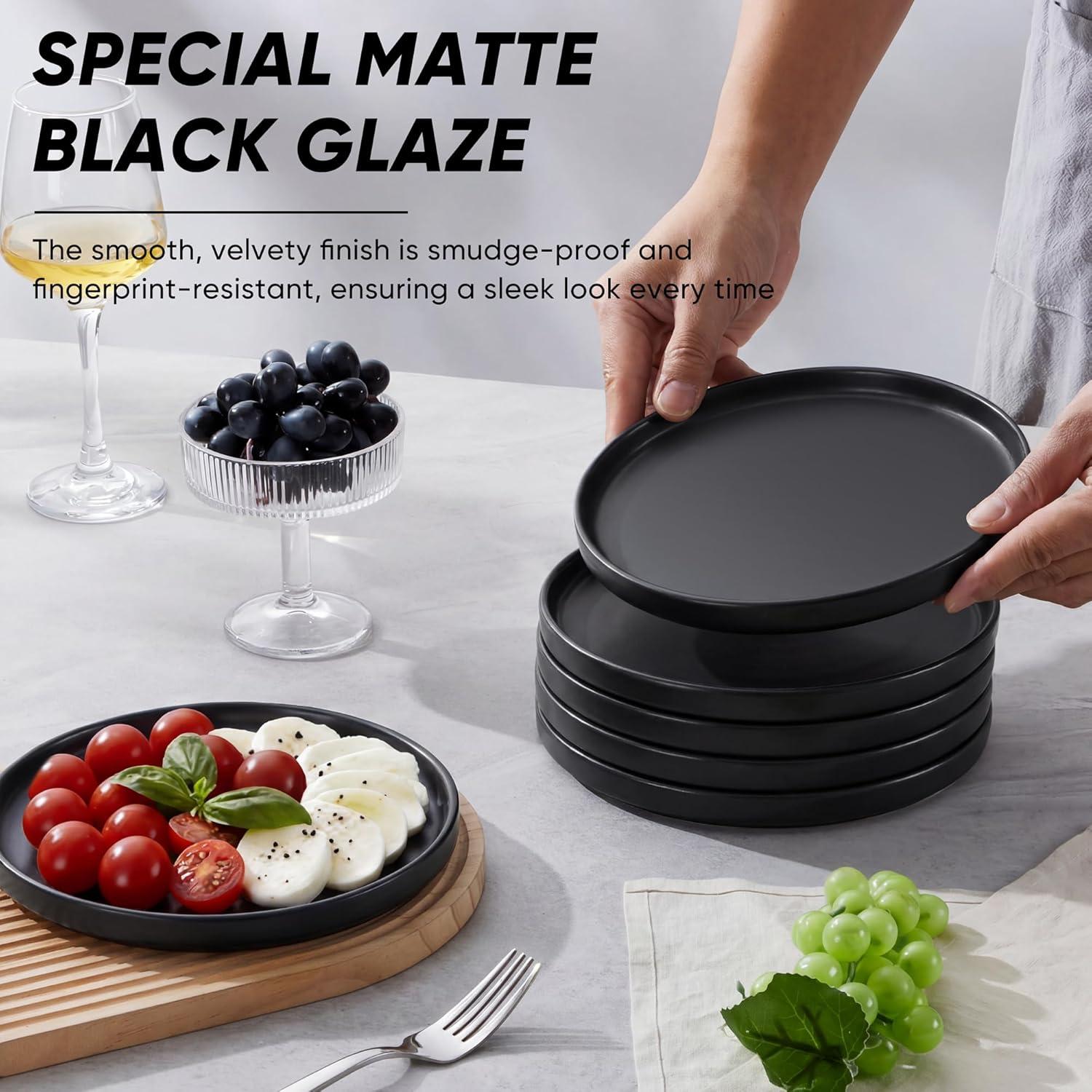 imageEfar 79 Inch Ceramic Dinner Plates 6Piece Stoneware Salad Plates with Raised Edges Chip amp Scratch Resistant Microwave amp Dishwasher Safe Dessert Dishes for Appetizer Salad Speckled KhakiMatte Black